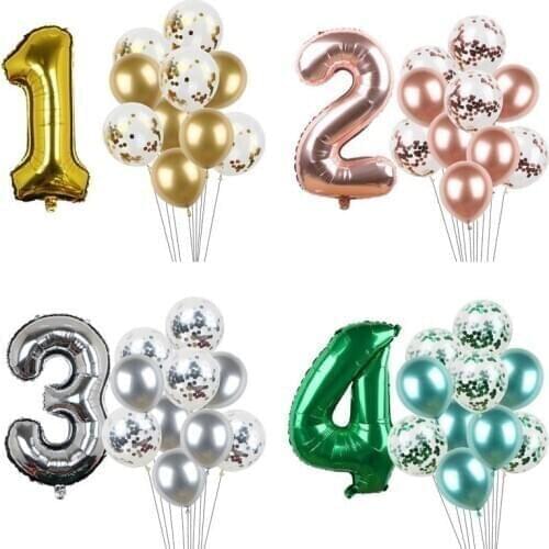 1set 32inch Number Confetti Metal Balloons Rose Gold Silver Birthday Latex Balloons Sets Kids Adult Birthday Party Decorations