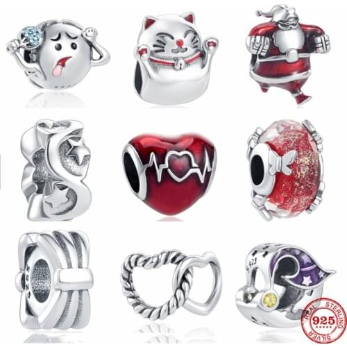 New 925 Silver Santa Moon Star Heartbeat Hot Earth Cat Glass Fit Pandora Original Bracelet Charms Beads For Women DIY Jewelry