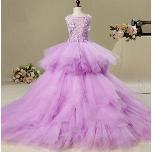 Glizt Long Trailing Flower Girls Dresses for Wedding Violet Tulle Floral Pageant Dress First Communion Party Prom Dress for Girl