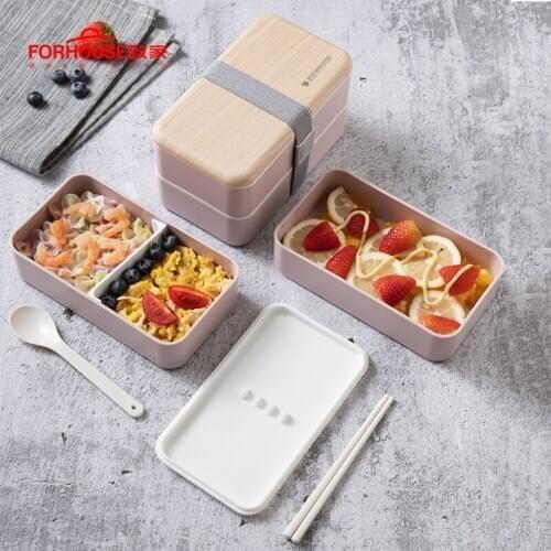 1200ml Portable 2 Layer Lunch Box Food Container Microwavable Oven Bento Portable Leakproof With Spoons Chopsticks For Kids