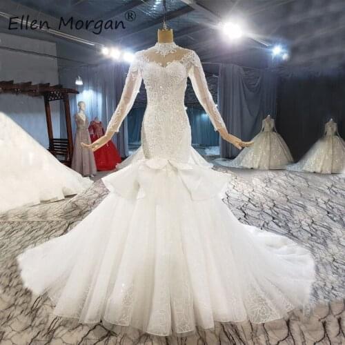 Luxury Lace Mermaid Wedding Dresses Bridal Ball Gowns Real Photos High Neck Beads Appliques Chaple Train Vestidos De Novis 2021
