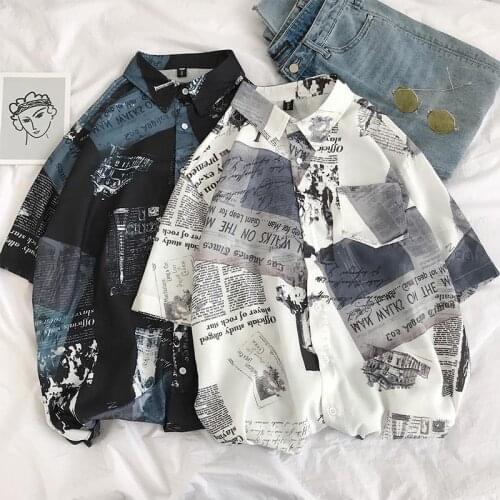 2021 Harajuku Men Shirt Leisure Shirt Loose Summer Turn Down Collar Printing Short Sleeve Shirts Male Tops New White Black Color