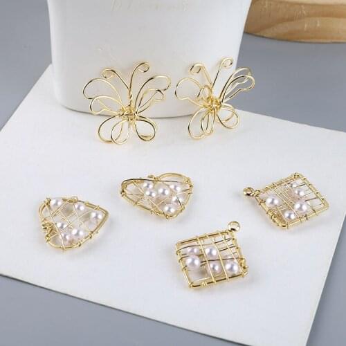 4pcs Korean Style Vintage Copper winding pearl earrings for women jewelry love Rhinestone butterfly pendant DIY earring material
