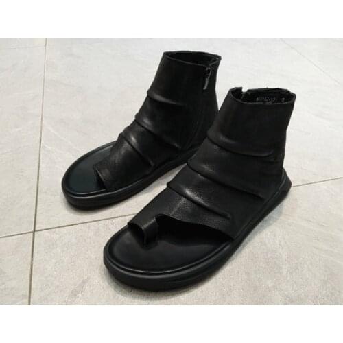 Mens summer shoes black genuine cow leather Flip-flop sandals cool fashion high shaft back counter sandals boots