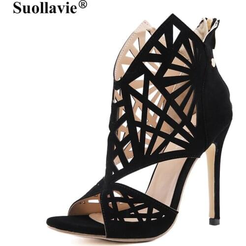 Suollavie Hollow Out Womens Sandals Open Toe Gladiator Shoes Casual Fashion Ladies Party Shoes Summer Black Plus Size 35-42