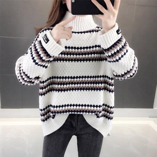 Turtleneck sweater women loose outer wear autumn winter new style 2021 rainbow striped gold velvet chenille pullover shirt