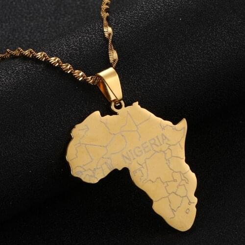 Stainless Steel Africa Map with Nigeria Pendant Necklaces for Women Men Trendy African Maps Chain Jewelry