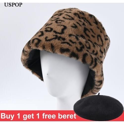 USPOP Winter thick warm hats women velvet warm bucket hats leopard print bucket hat