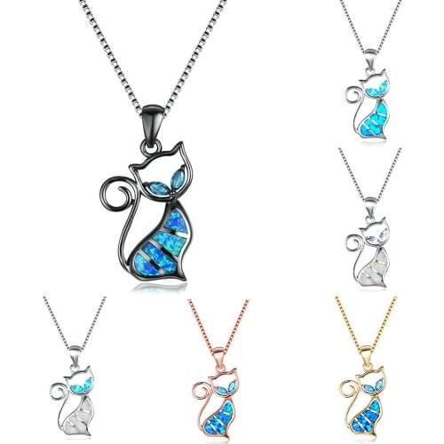Vintage Silver Color Black Cat Pendants Necklaces For Women Wedding Jewelry Blue White Fire Opal Necklace Cute Animal Necklace