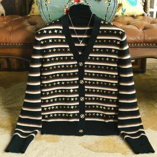 Hiqh Quality New Fall Winter Women Sweaters Luxury Handmade Beaded Four-leaf V-neck Long-sleeved Striped Knitted Cardigans Women
