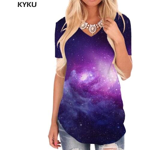 KYKU Galaxy T Shirt Women Nebula T-shirts 3d Colorful Funny T shirts Sky V-neck Tshirt Womens Clothing Hip hop Loose Plus Size