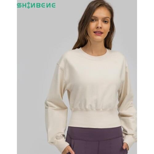 SHINBENE Leisure Crew Neck Yoga Workout Sweatshirts Top Women Cotton Fitness Pullover Long Sleeve Sport Jersey with Ribbed Cuff