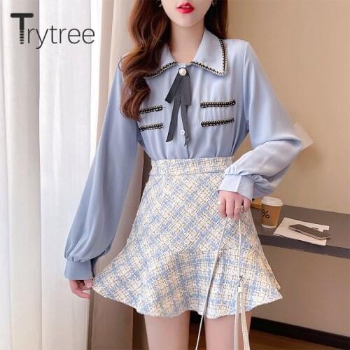 Trytree 2021 Spring Summer Two piece set Casual Bow Brooch Pockets Shirt + Zip Plaid Ruffled Hem Mini Skirt Sweet 2 Piece Set