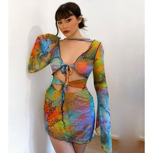 2021 Women Butterfly Print Mini Dress Long Sleeve Deep V-neck Hollow Out Lace-up Bodycon For Home Wear Outdoor Sport Party