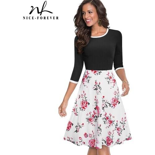 Nice-forever 2021 Spring Retro Floral Patchwork Elegant Dresses Casual Flare Swing Women Dress A243