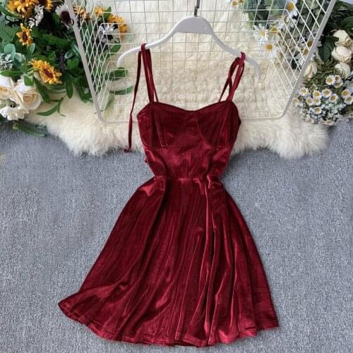 Sanishroly 2021 Women Vintage Gothic Spaghetti Strap Dresses Short Velvet Party Vestidos Sexy Backless High Waist Mini Dress 151