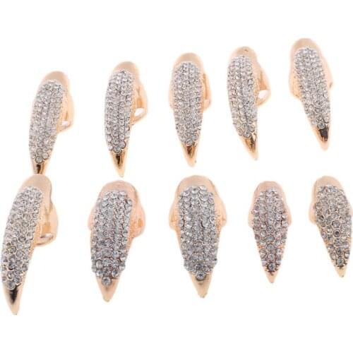 10 PCS Halloween Costume Claws Fake Nails Ring Set, Gothic Punk 3 Sizes Crystal Full Finger Rings Paved Paw Bend Fingertip Claw