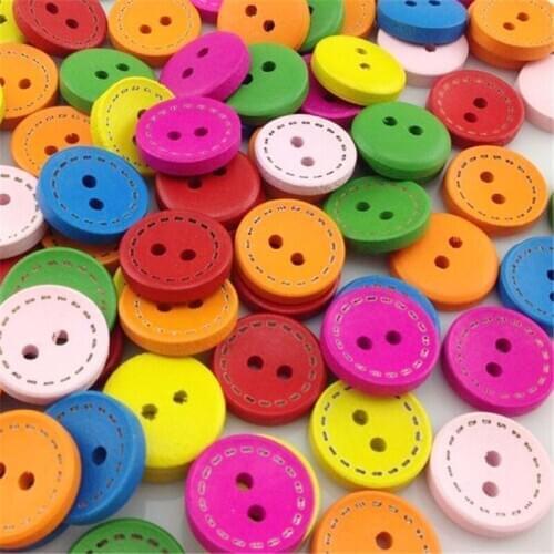 15mm 50pcs 2 Hole Mixed Dotted Line Cute Round Wood Buttons Sewing Scrapbooking Wooden Crafts Clothing Decor WB188