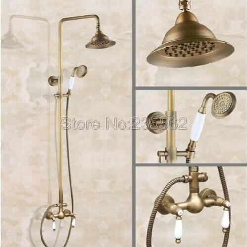 Antique Brass Bathroom Wall Mount Rain Shower Faucet Set Mixer Tap Kit with Ceramic Handheld Spray lan120