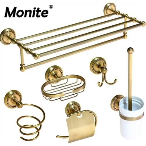 Monite Antique Brass Bathroom Accessories Robe Hook Paper Holder Towel Bar Towel Ring Bathroom Sets Holder Accessories
