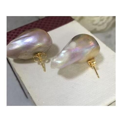 Free shipping>>>>noble jewelry charming pair 16-18mm south sea baroque lavender pearl earring 14k