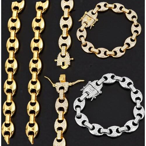 2021 Upgrade Width Iced Out Rhinestoned 13MM 20CM Gold Gold Coffee Beans Link Chain Bracelets Chain For Men HIP Hop Jewelry