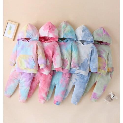 Toddler Baby Girl Clothes Set Newborn Girls Outfit Tie Dye Print Hooded Pocket Sweatshirt+Pants Outfits Spring NewBorn Fashion
