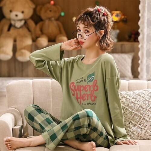 Foply Cartoon 100% Cotton Pajamas Set Women Two Piece Pyjamas Sleepwear Nightwear Pijama Mujer Home Wear Long Pants Nightsuit