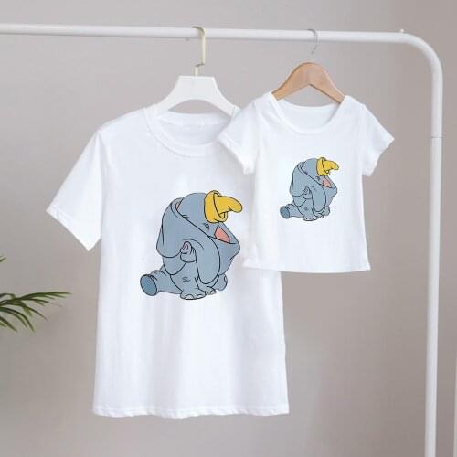 Tees Women T Shirt Dumbo Elephant Print T-shirt Casual White Short Sleeve Baby Girls Tops Summer Brand Family Matching Clothes