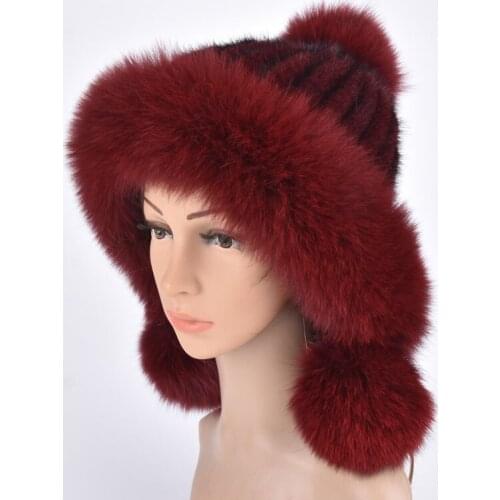 Real mink fur hat with fox fur ball velvet winter earmuffs protective cap knit for women Russian hat fox fur hat pilot hat