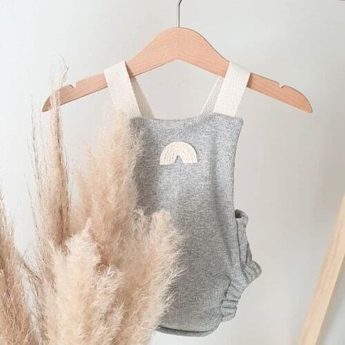 Cute Toddler Baby Rainbow Embroidery Bodysuit Infants Sleeveless Suspender Romper Square Collar Button Decoration Clothing 0-18M