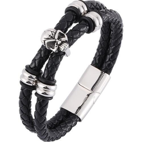 Men Jewelry Black Braided Leather Bracelet Skull Stainless Steel Skeleton Bracelet Male Magnetic Clasp Bangle PD0328
