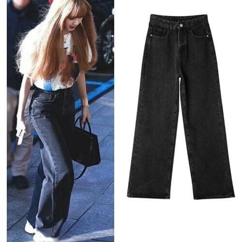 Kpop Korean Celebrity Summer new Fashion black Wide-leg Jeans women Streetwear Casual High Waist Loose straight Denim pants