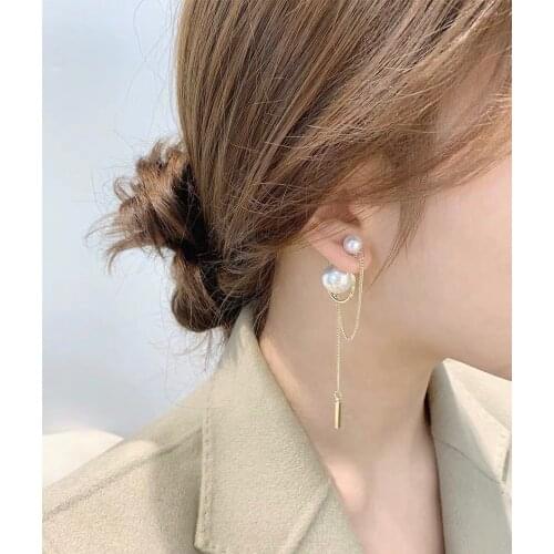 New fashion Korean goods light luxury pearl tassel earrings suitable for women metal round geometric gold chain long earrings