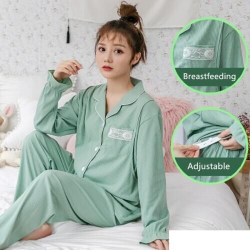 Autumn Fashion Cotton Maternity Nursing Sleepwear Sets Long Sleeve Loose Breast Feeding Pajamas Clothes for Pregnant Women Suits