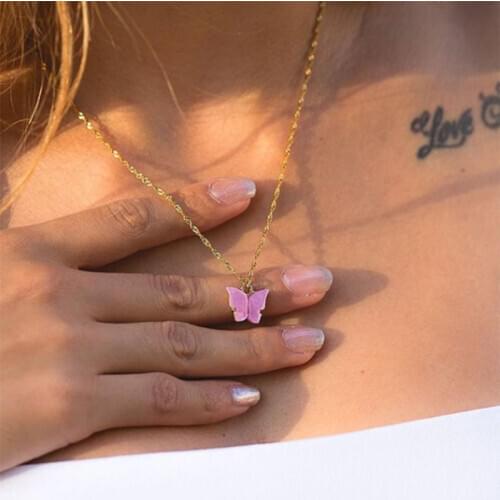 Bohemian Candy Color Butterfly Pendant Necklace For Women Trendy 2020 New Stainless Steel Choker Chian Clavicle Fashion Jewelry