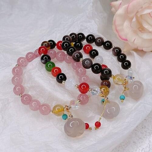 Halloween Pumpkin Chalcedony Pendant Natural Agate Obsidian Strawberry Crystal Beaded Bracelets for Women Fine Jewelry YBR592