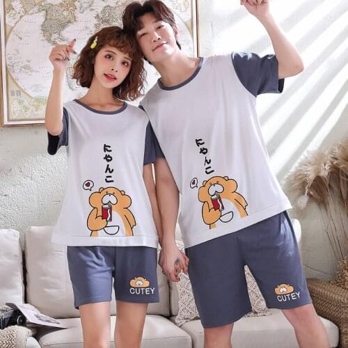 Pullover Short Sleeve Pants Pajama 6535 Cotton Summer Couples Lovers Jammies O-Neck Home Cozy Sleepwear Nightwear Pyjamas HDE