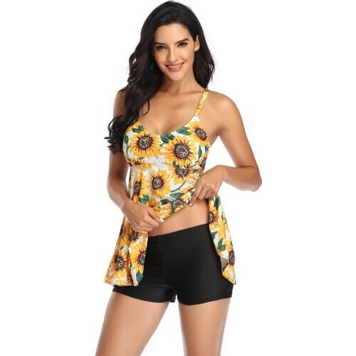 WTCandy 2021 New Print Sunflowers Two Piece Swimsuit Women Boxer Plus Size Swimwear 3XL with Skirt Big Tankini XXL Bathing Suti