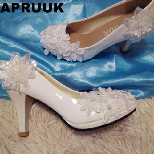 High heels lace flower white weddinng shoes women round toe platforms bridal brides pumps shoes woman lady party dress shoe