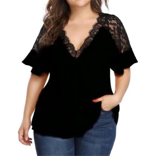 Sexy Women Short Ruffled Sleeve Deep V Neck Lace Patchwork Loose Blouse T-shirt Fashion Tees Tops Ladies Clothing 2021