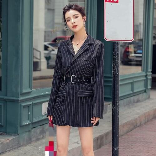 2020 Spring Autumn New Women Korean Jacket Coats Long Sleeve Striped Office Lady Female Ladies Turn-Down Collar Jacket With Belt