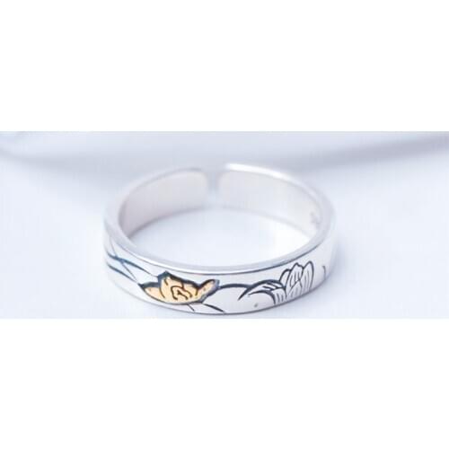 Sole Memory Retro Literary Golden Lotus 925 Sterling Silver Female Resizable Opening Rings SRI672