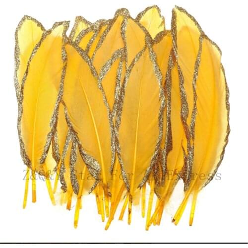 10-100 natural 15-20CM (6-8 inches) goose feather dyed golden yellow sprayed gold powder edge DIY craft jewelry feather