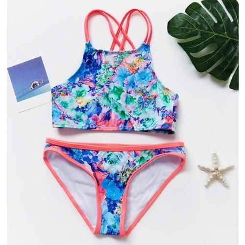 2019 Girls Swimsuits Printed Flower Two-pieces Tankini Suits Summer Girls Bathing Suits Cute Beach Wear For Girl 9014