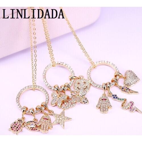 5Pcs New Trendy rainbow zircon cz pendant necklaces for women circle cz gold charm Bohemia jewelry