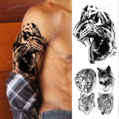 Anime tattoo tiger lion king wolf large waterproof temporary tattoos for men women fake tattoo arm shoulder leg body art sticker