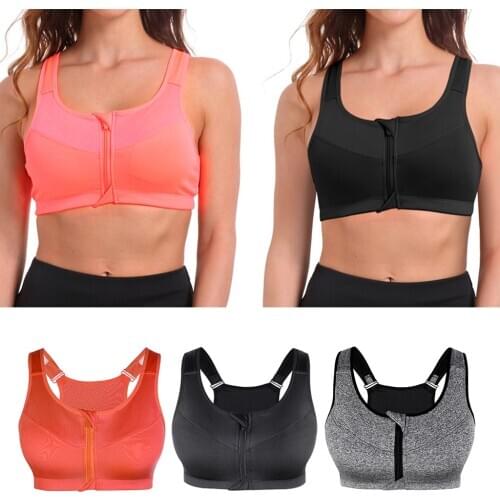 Seamless Fitness Sport Bra Women Front Zip Adjustable Straps Push Up Bra High Impact Support Workout Yoga Shock Absorber