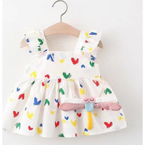Childrens Dress Toddler Baby Kids Girl Sleeveless Heart Print Princess Dress+Dragonfly Bag Suit Girls Casual Clothes Outfits