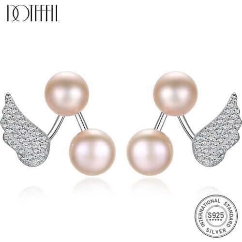 DOTEFFIL 5mm Purple/White/Pink Pearl 925 Sterling Silver AAA Zircon Wing Earrings For Women Wedding Engagement Jewelry